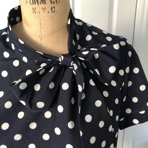 JCrew navy and white polka dot bow tie top